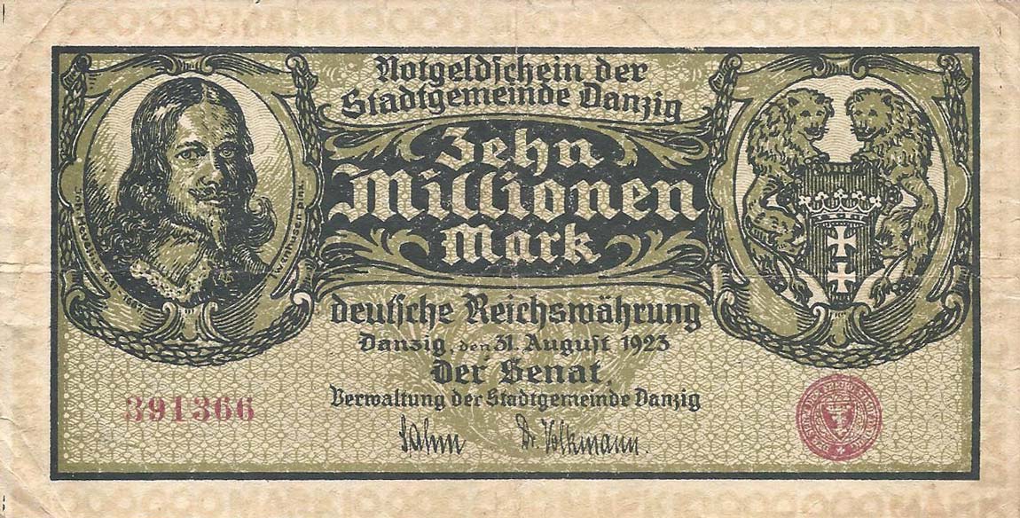 Front of Danzig p25b: 10000000 Mark from 1923