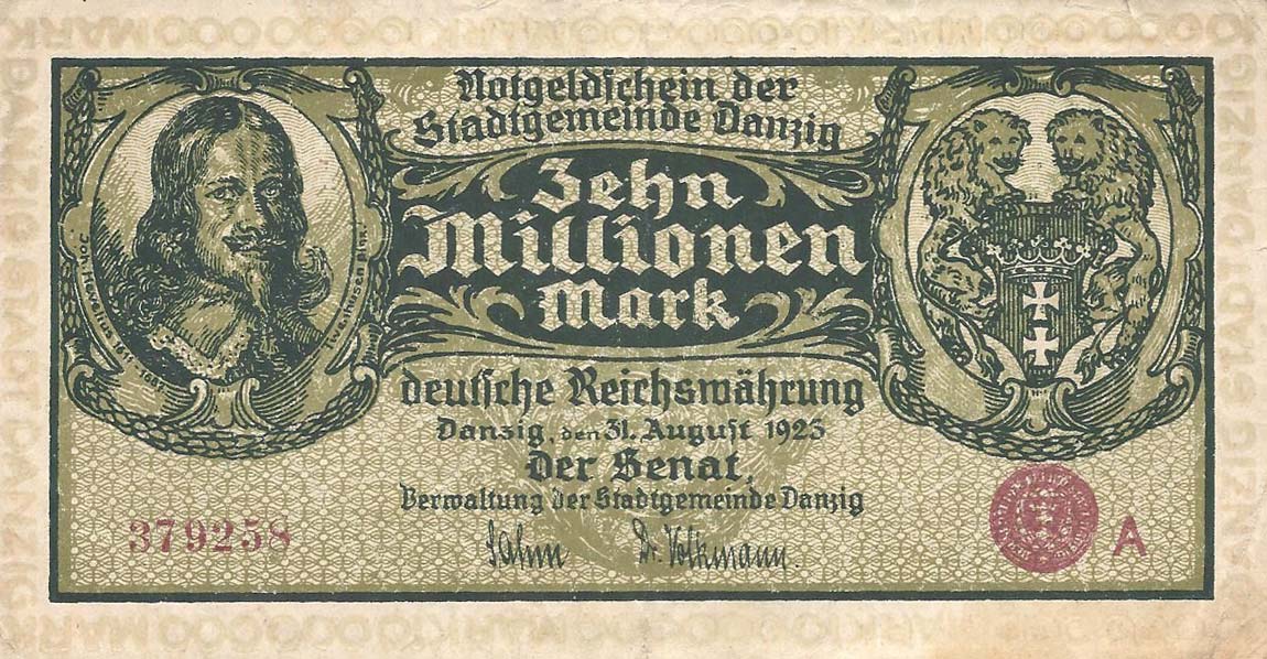 Front of Danzig p26: 10000000 Mark from 1923