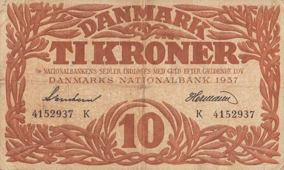 Front of Denmark p31a: 10 Kroner from 1937