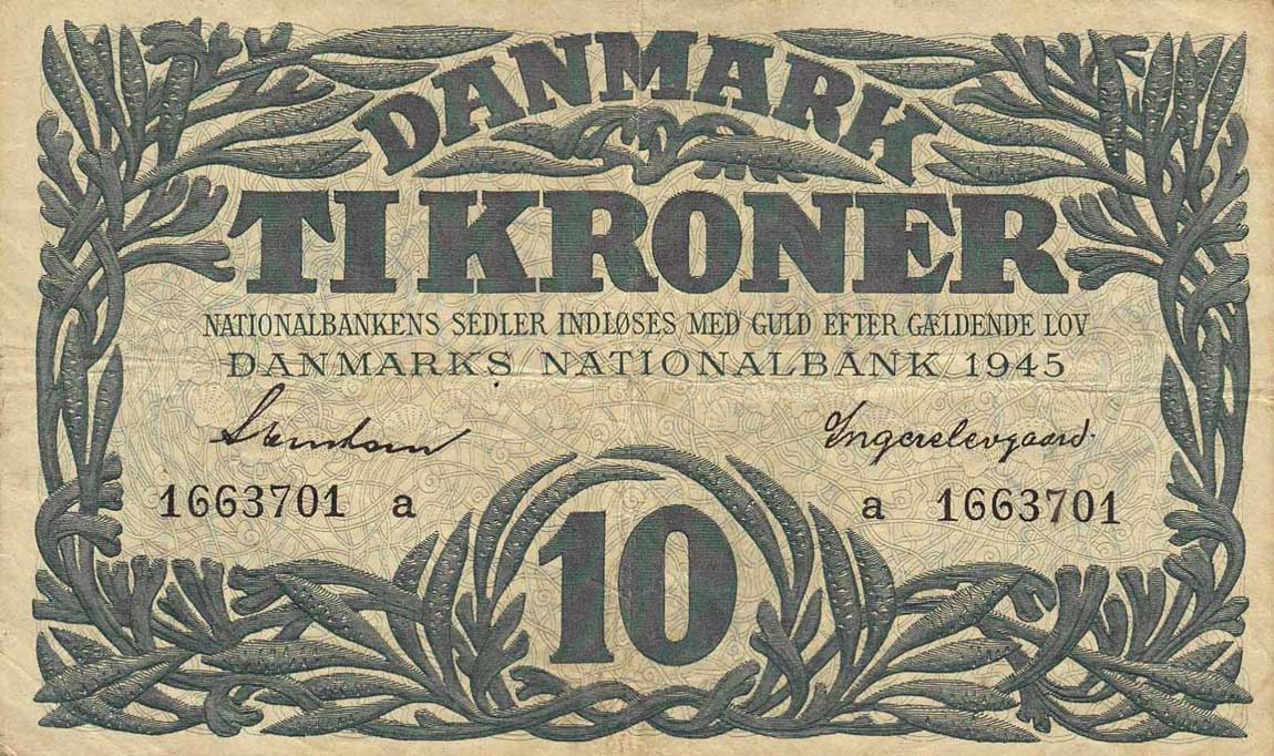 Front of Denmark p37a: 10 Kroner from 1945