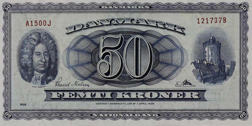 Front of Denmark p45a: 50 Kroner from 1956