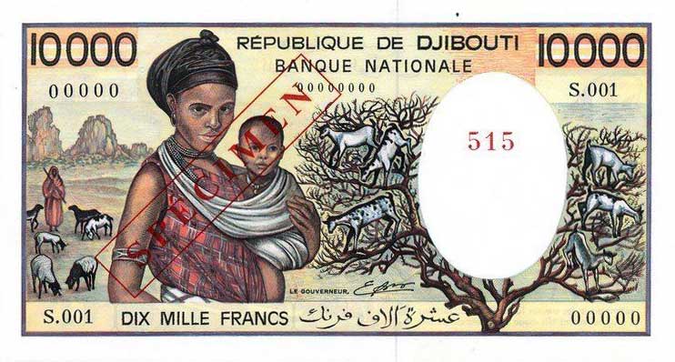 Front of Djibouti p39s: 10000 Francs from 1984