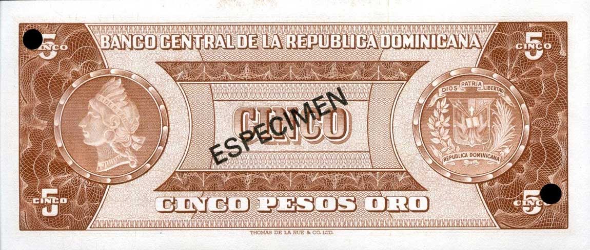 Back of Dominican Republic p100s2: 5 Pesos Oro from 1964