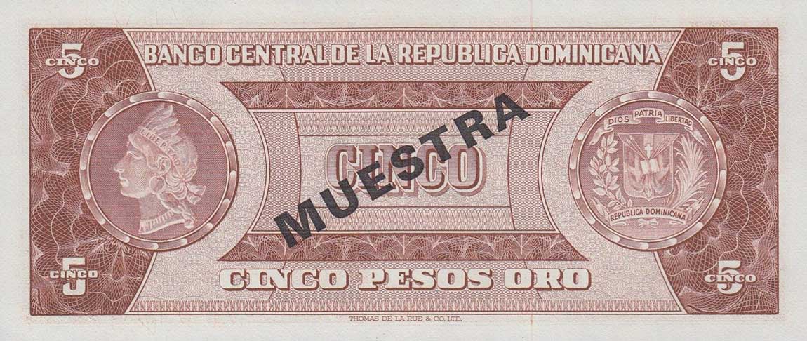 Back of Dominican Republic p100s4: 5 Pesos Oro from 1964