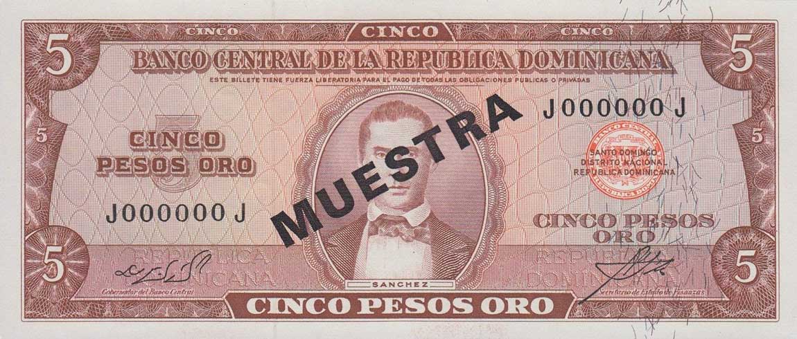 Front of Dominican Republic p100s4: 5 Pesos Oro from 1964