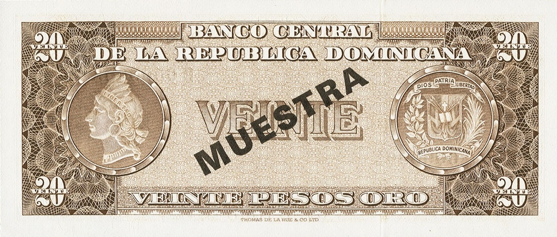 Back of Dominican Republic p102s2: 20 Pesos Oro from 1964