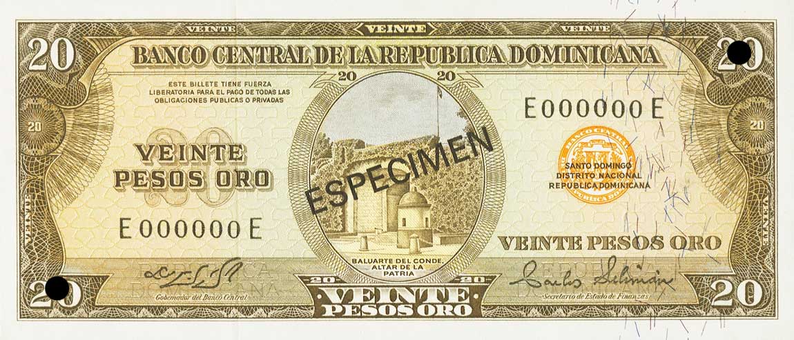 Front of Dominican Republic p102s3: 20 Pesos Oro from 1964