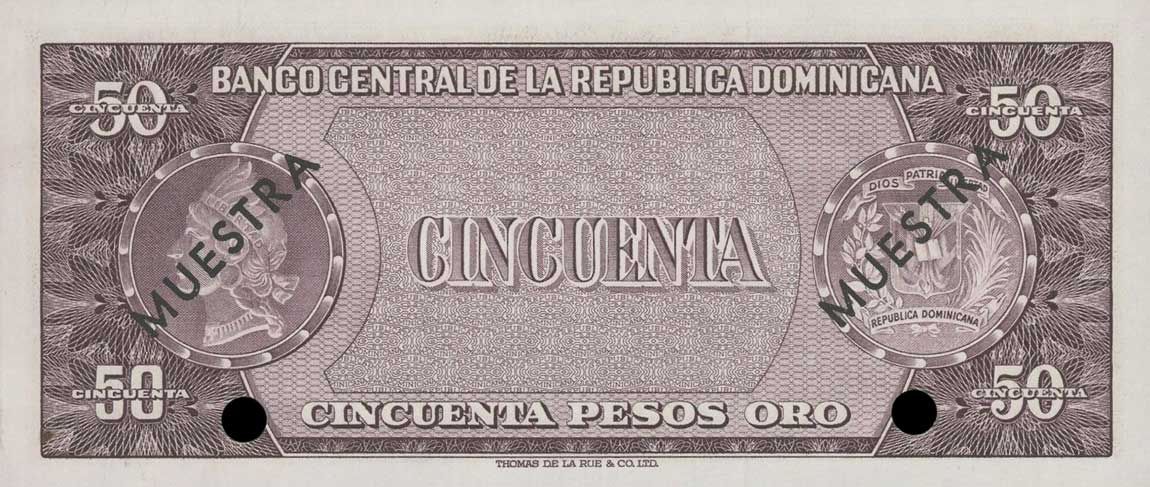 Back of Dominican Republic p103s2: 50 Pesos Oro from 1964