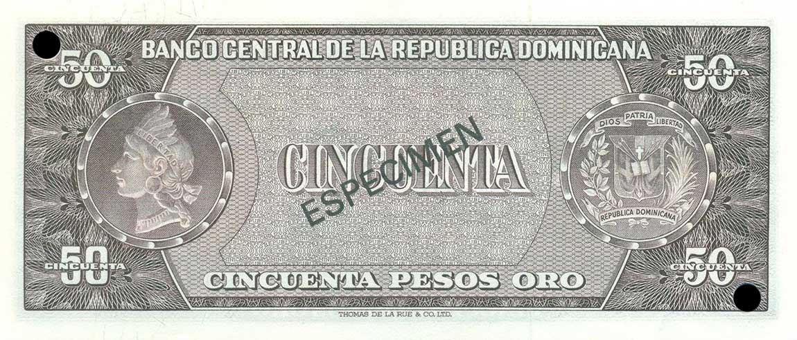 Back of Dominican Republic p103s3: 50 Pesos Oro from 1964