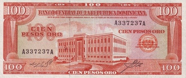 Front of Dominican Republic p104a: 100 Pesos Oro from 1964