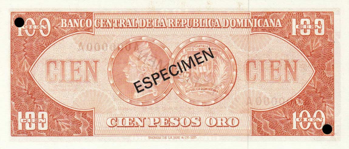 Back of Dominican Republic p104s1: 100 Pesos Oro from 1964