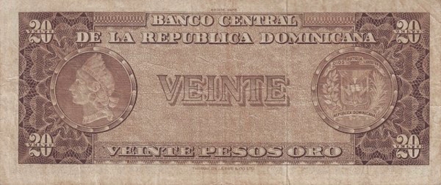 Back of Dominican Republic p111a: 20 Pesos Oro from 1975