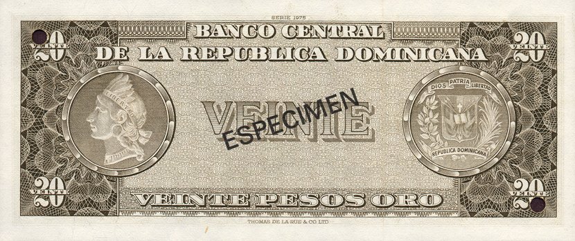 Back of Dominican Republic p111s1: 20 Pesos Oro from 1975