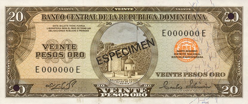 Front of Dominican Republic p111s1: 20 Pesos Oro from 1975