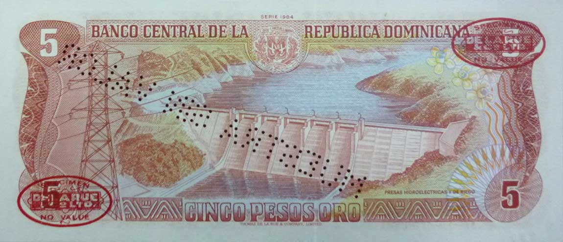 Back of Dominican Republic p118s4: 5 Pesos Oro from 1988