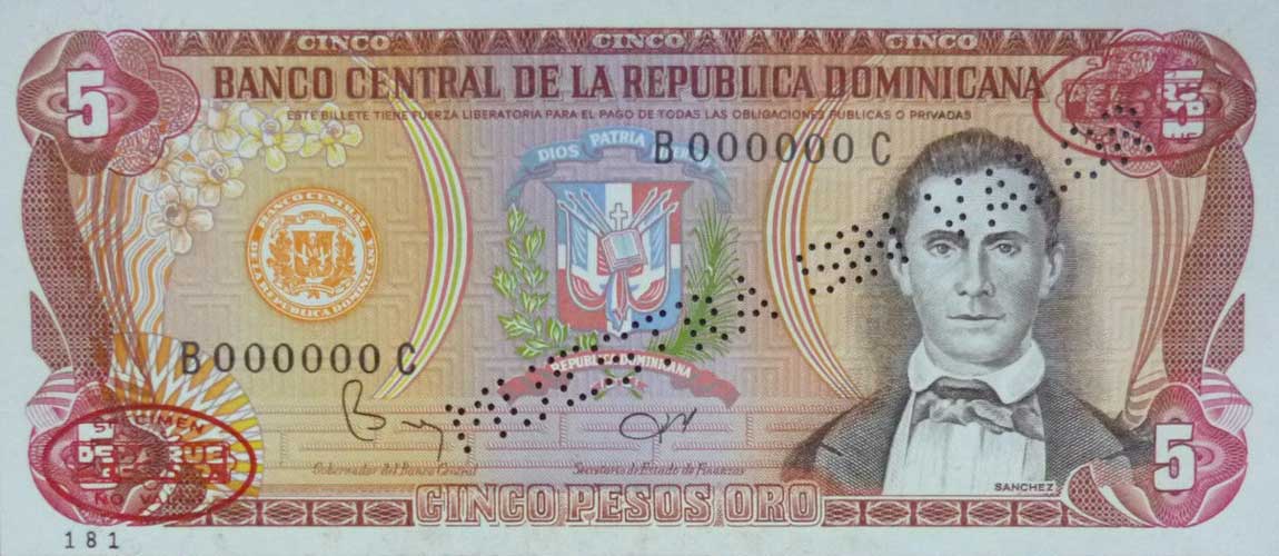 Front of Dominican Republic p118s4: 5 Pesos Oro from 1988