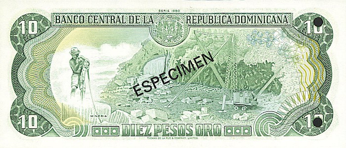 Back of Dominican Republic p119s1: 10 Pesos Oro from 1978