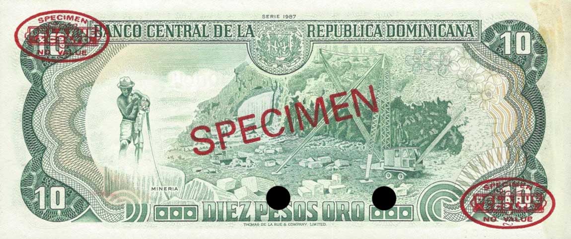 Back of Dominican Republic p119s2: 10 Pesos Oro from 1985