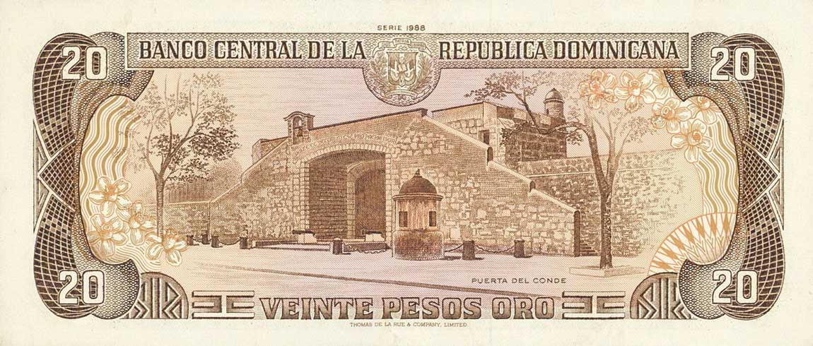 Back of Dominican Republic p120c: 20 Pesos Oro from 1985