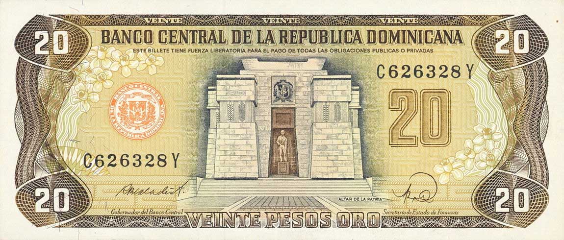 Front of Dominican Republic p120c: 20 Pesos Oro from 1985