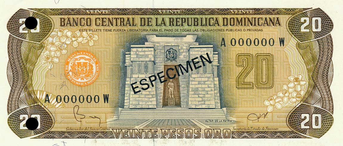 Front of Dominican Republic p120s1: 20 Pesos Oro from 1978