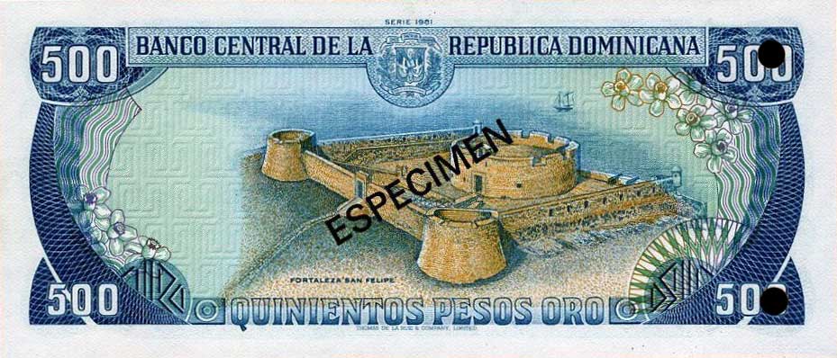 Back of Dominican Republic p123s1: 500 Pesos Oro from 1978