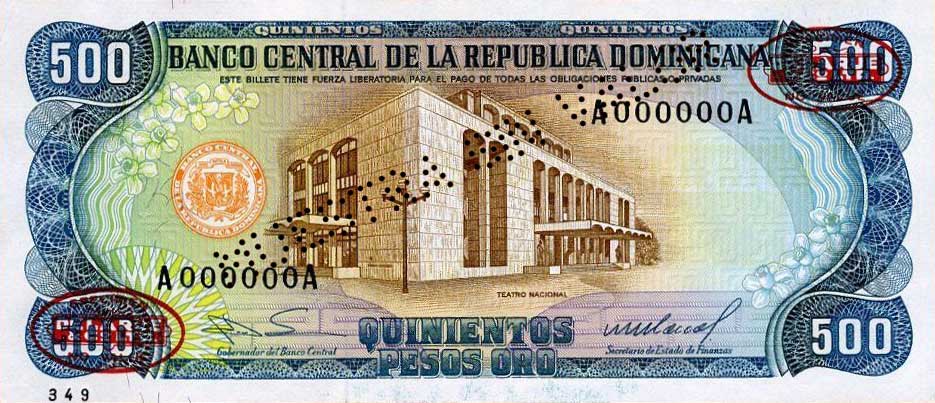 Front of Dominican Republic p123s2: 500 Pesos Oro from 1985