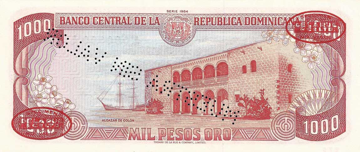 Back of Dominican Republic p124s2: 1000 Pesos Oro from 1985