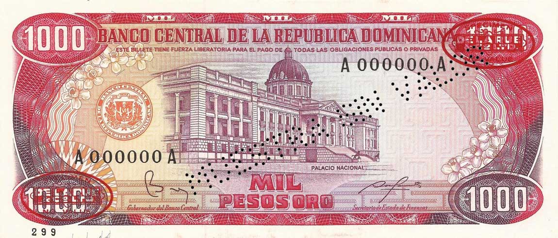 Front of Dominican Republic p124s2: 1000 Pesos Oro from 1985