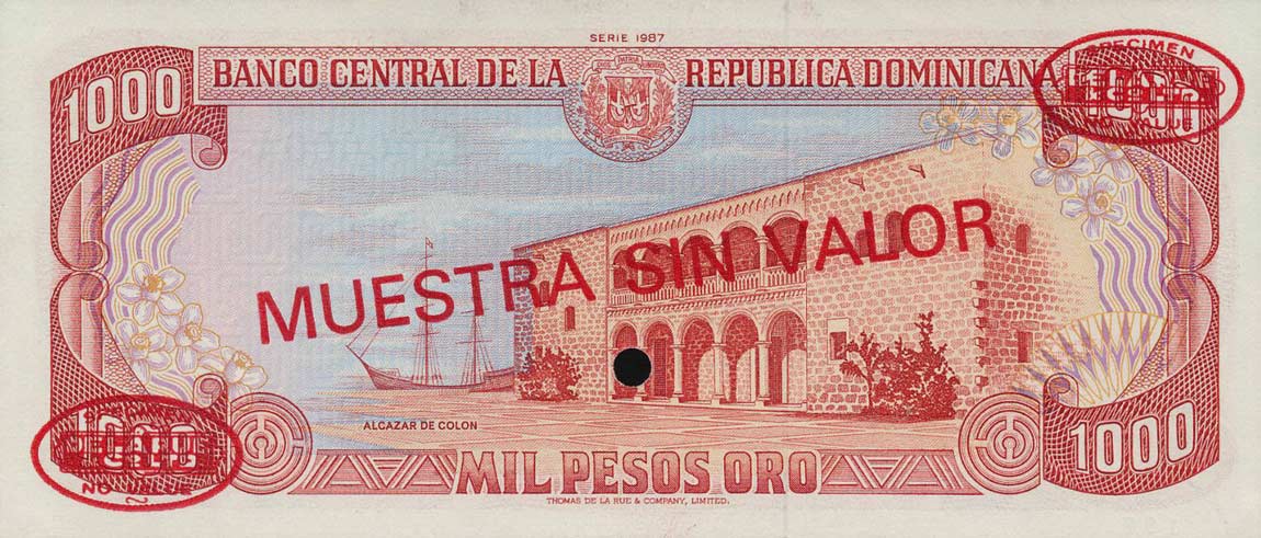 Back of Dominican Republic p124s3: 1000 Pesos Oro from 1985