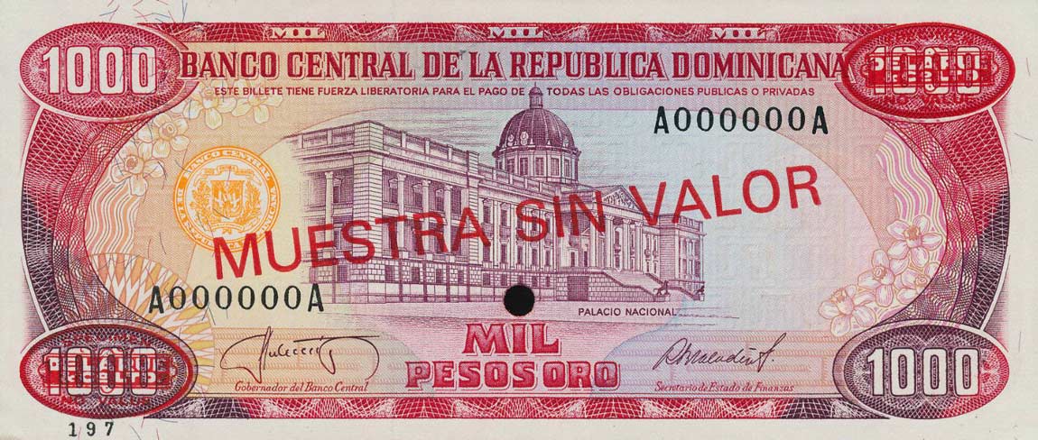 Front of Dominican Republic p124s3: 1000 Pesos Oro from 1985