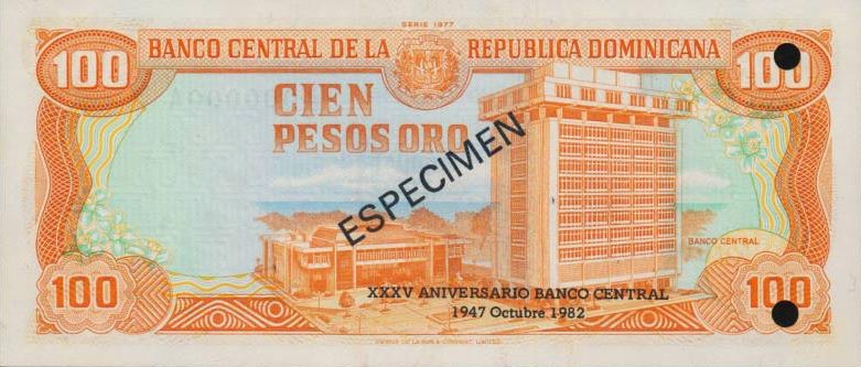 Back of Dominican Republic p125As1: 100 Pesos Oro from 1982