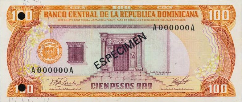 Front of Dominican Republic p125As1: 100 Pesos Oro from 1982