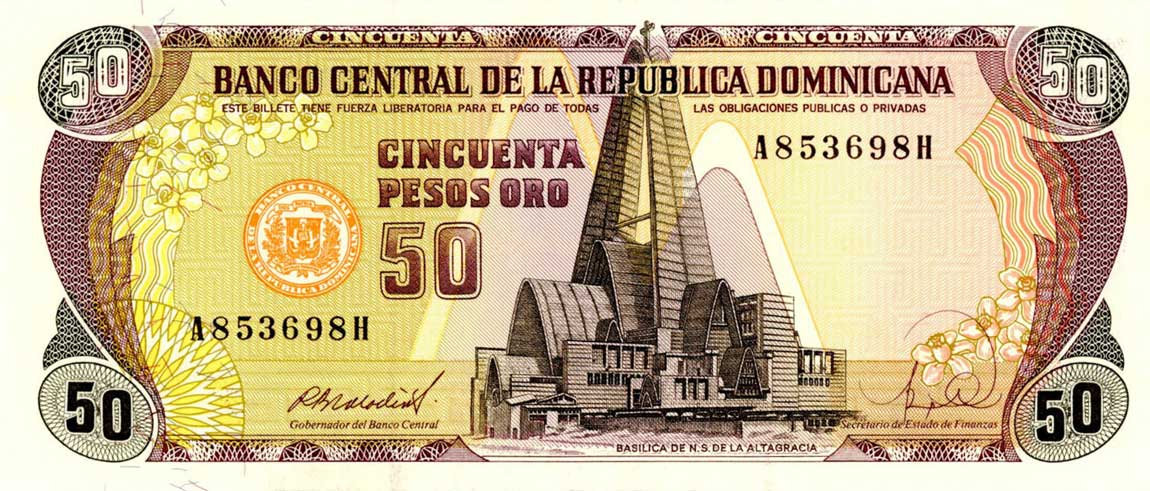 Front of Dominican Republic p127a: 50 Pesos Oro from 1988