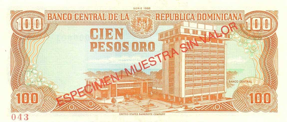 Back of Dominican Republic p128s1: 100 Pesos Oro from 1988