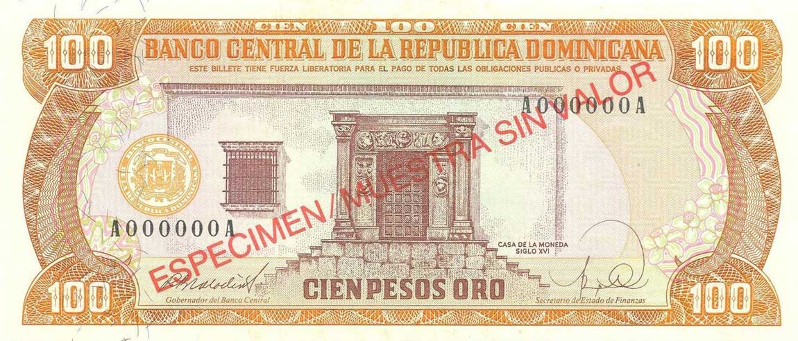 Front of Dominican Republic p128s1: 100 Pesos Oro from 1988