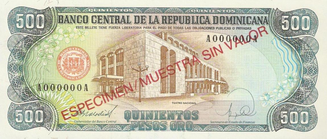 Front of Dominican Republic p129s: 500 Pesos Oro from 1988