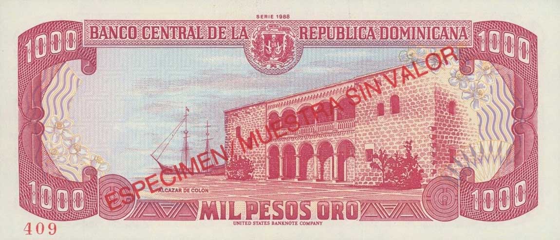 Back of Dominican Republic p130s1: 1000 Pesos Oro from 1988