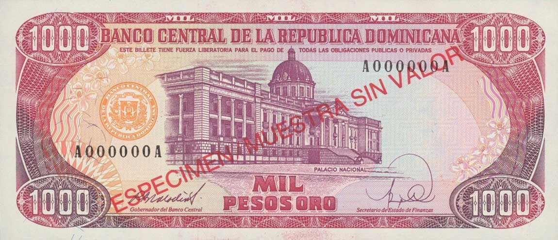Front of Dominican Republic p130s1: 1000 Pesos Oro from 1988