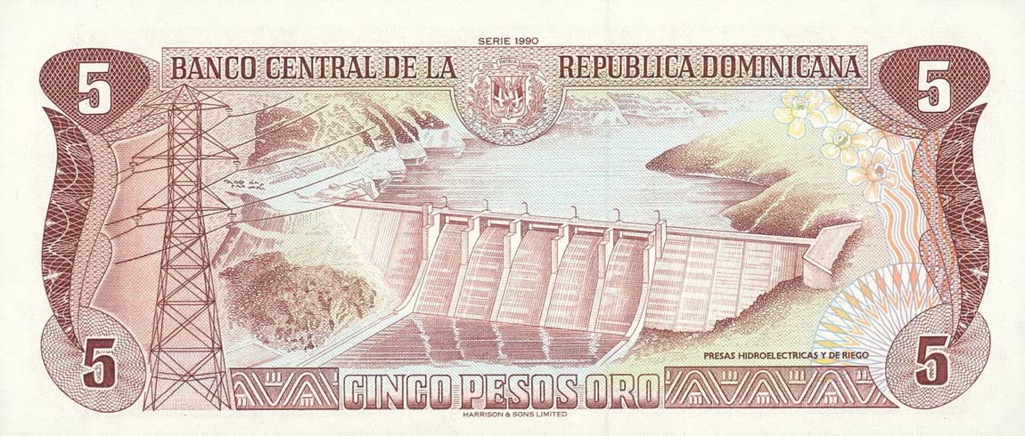 Back of Dominican Republic p131: 5 Pesos Oro from 1990