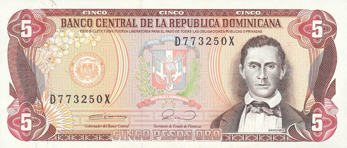 Front of Dominican Republic p131: 5 Pesos Oro from 1990
