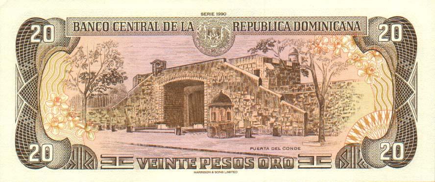 Back of Dominican Republic p133: 20 Pesos Oro from 1990