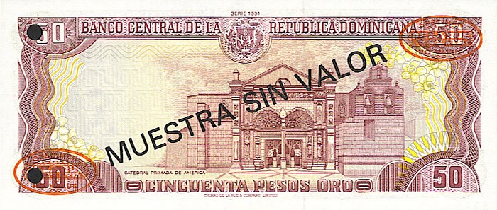 Back of Dominican Republic p135s1: 50 Pesos Oro from 1991