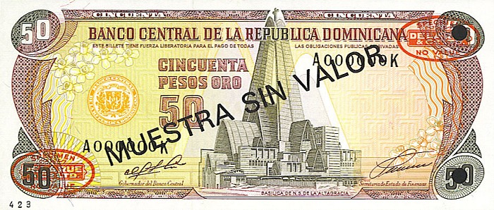 Front of Dominican Republic p135s1: 50 Pesos Oro from 1991