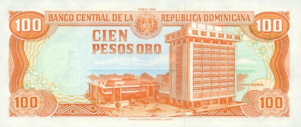 Back of Dominican Republic p136a: 100 Pesos Oro from 1991