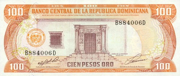 Front of Dominican Republic p136a: 100 Pesos Oro from 1991