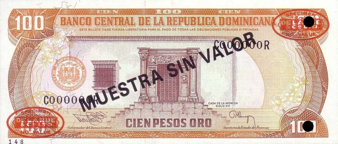 Front of Dominican Republic p136s2: 100 Pesos Oro from 1994