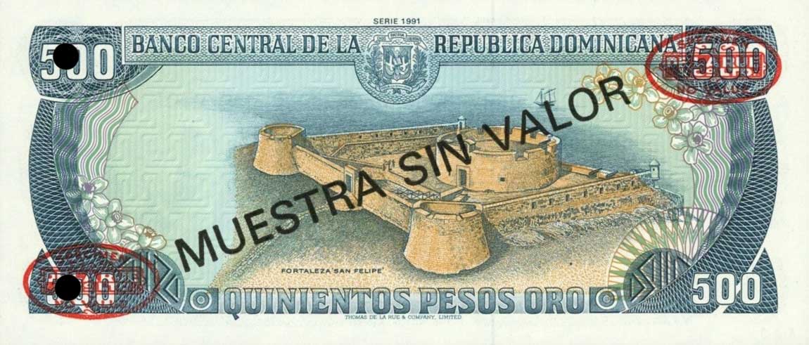 Back of Dominican Republic p137s1: 500 Pesos Oro from 1991