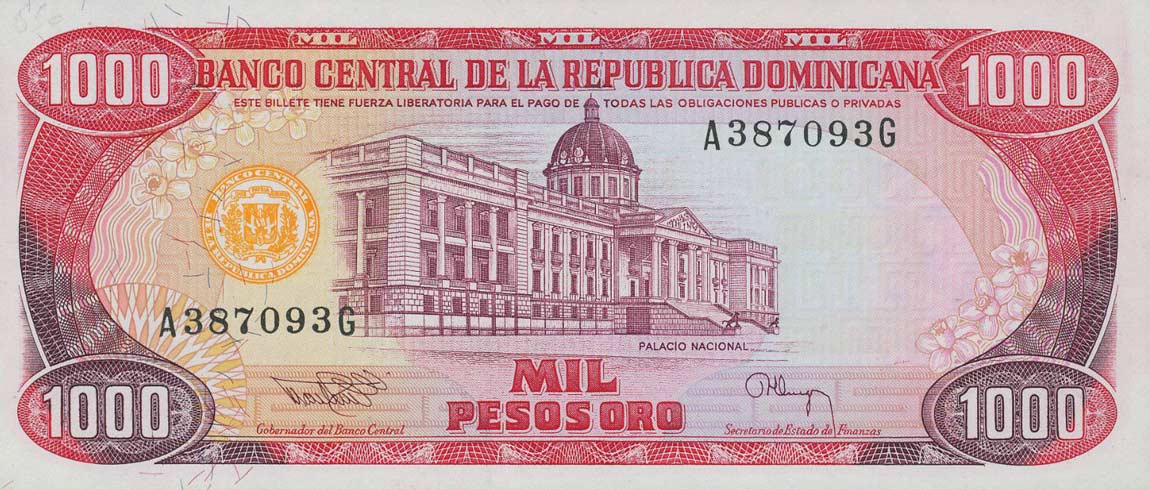Front of Dominican Republic p138a: 1000 Pesos Oro from 1991
