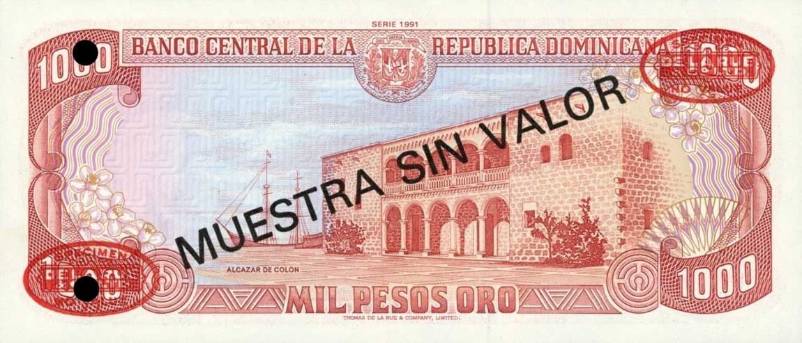 Back of Dominican Republic p138s1: 1000 Pesos Oro from 1991